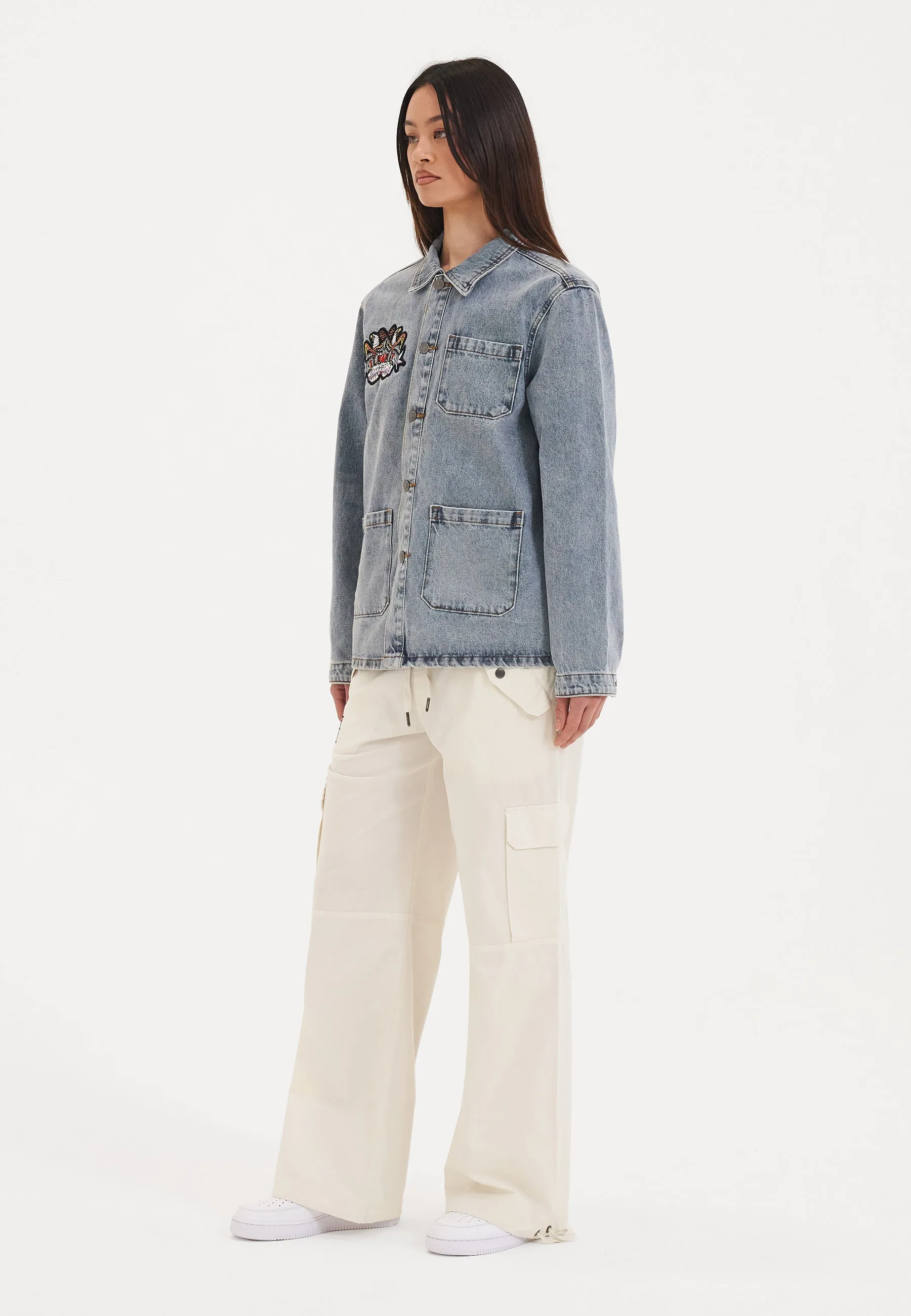 Womens Battle Of Eagles Denim Chore Jacket - Blue
